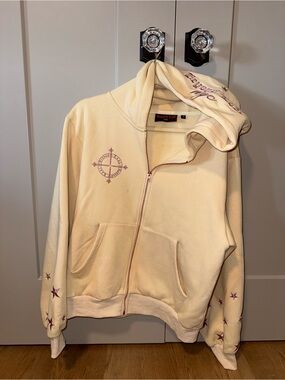 Beyond Lost NYC—Cream Zip-Up Hoodie with Purple Compass Embroidery